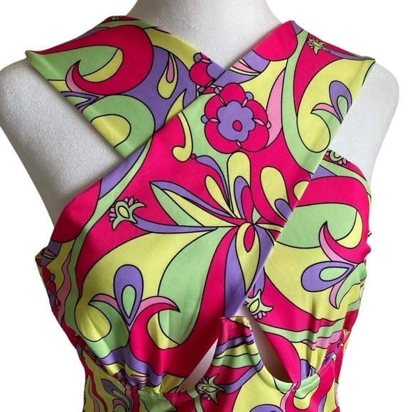 NWT AKIRA Happy Daze Cross Over Cutout Halter Bodysuit Retro 70s Hippie Print L - Picture 2 of 15